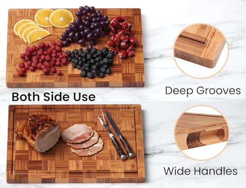 Fibogollo Set of 3 Large Bamboo Kitchen Cutting Boards with Juice Groove - Brown, 15.8 x 11.8 inches