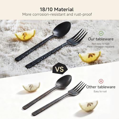 Black Hammered Silverware Set for 4 - 20-Piece Flatware Collection