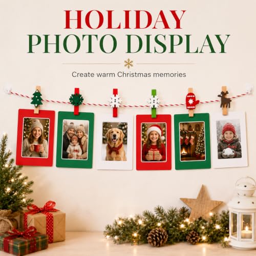Christmas Photo Frame Set with 30 Wooden Clips, Twine & Hooks – 4x6 Frames (Variation: Christmas) by Zplontya