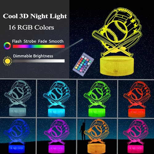 Baseball Night Light, Baseball Player Gifts, 3D Illusion Lamp with 16 Colors Changing, Remote Control with Timer, Dim Function, Birthday Xmas Holiday Gift for Boys and Girls
