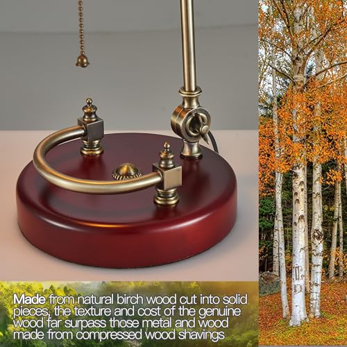 NUSRAN Green Glass Bankers Desk Lamp with Solid Birch Wood Base and Pull Chain Switch