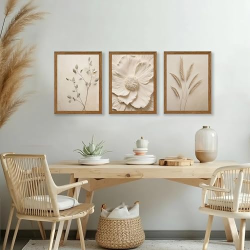 JLTULT Beige Floral Wall Art Set of 3 - 12x16 Inch Botanical Canvas Prints with Solid Wood Frames