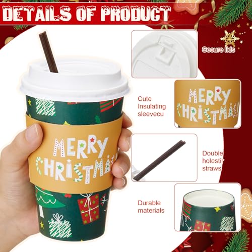 Sunnychicc 60 Sets Christmas Disposable Coffee Cups with Lids, 16 oz, Holiday Party Drinkware