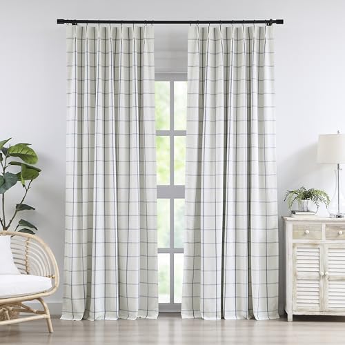 Cornflower Blue Plaid Linen Blackout Curtains 40x108 Pack of 2 - Thermal Insulated, Pinch Pleated Room Darkening Drapes