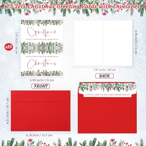 25-Pack Christmas Thank You Cards with Envelopes - 7.9x6in Stationery Set