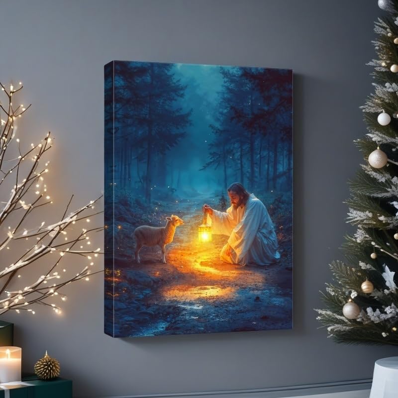 Ploceiny Christian Wall Art | Jesus Running After Lost Lamb Canvas Poster | 16" x 24" Home Decor