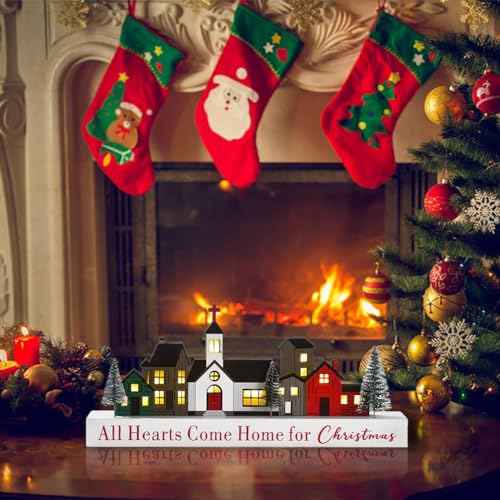 LED Lighted Christmas Village Decor, Rustic Wooden Merry Christmas Sign, Farmhouse Xmas Party Holiday Decor Centerpiece for Tiered Tray Mantel Home (6 buildings)