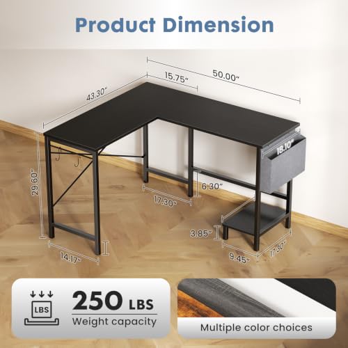 Black 50-Inch Reversible L-Shaped Corner Computer Desk with PC Stand