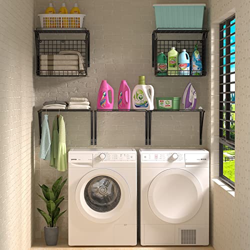 Laundry Room Wall Shelf with Wire Basket & Hooks - Black, Standard Variation