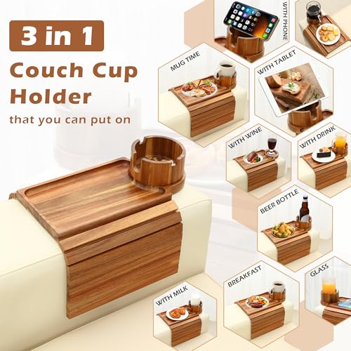 Acacia Wood Couch Cup Holder Tray for Sofa Armrest - Fits 6.3+ Inch Wide Arms