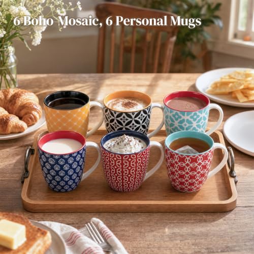 Vibrant Color 16 oz Boho-Mosaic Coffee Mug Set of 6 Large Ceramic Drinkware