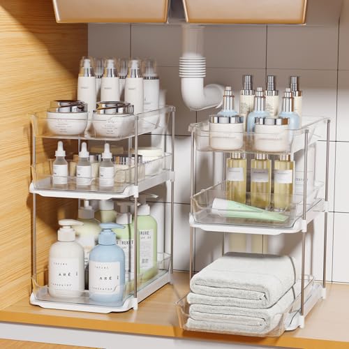 White 2-Pack 3-Tier Bathroom & Kitchen Under Sink Organizers - Multi-Purpose Stackable Storage with Movable Dividers