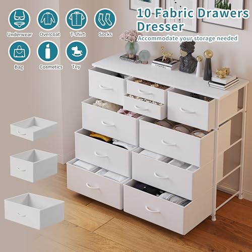 10 Drawer Dresser for Bedroom Storage - White, Multi-Size Fabric Drawers with Wooden Top - Variation of THIS listing