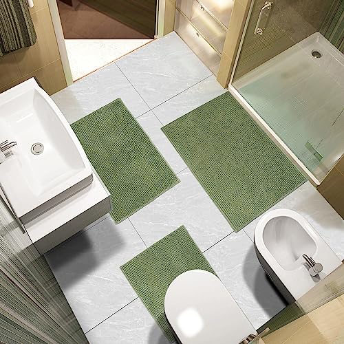 Urvoix Sage Green 3-Piece Bathroom Rug Set Non-Slip Chenille Bath Mat