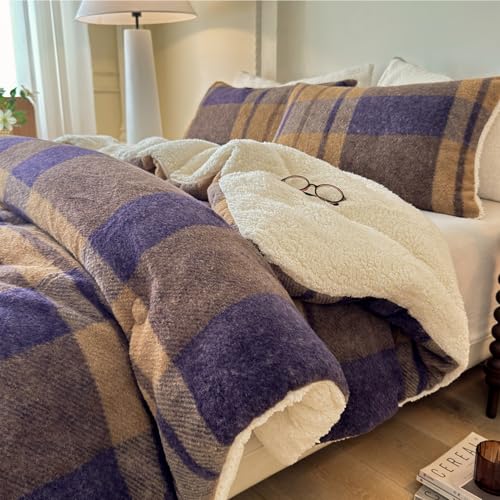 Cyusri Khaki & Blue Plaid Sherpa Comforter Set Queen Size 90x90 with 2 Pillowcases