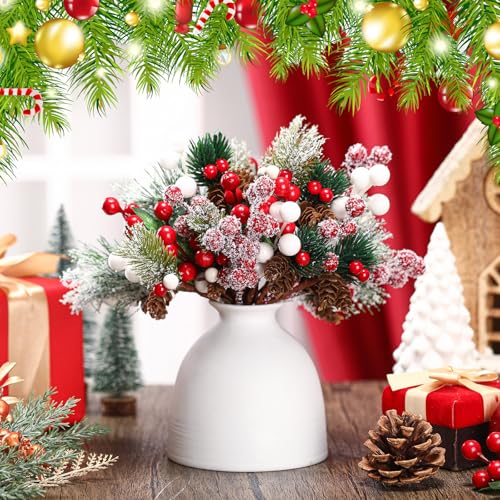 Retrowavy 56-Piece Christmas Floral Picks Set with 8 Styles, Snowy Red & White Berries
