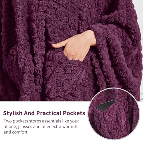 Mowkim Grape Wearable Sherpa Blanket Poncho with Pockets for Adults