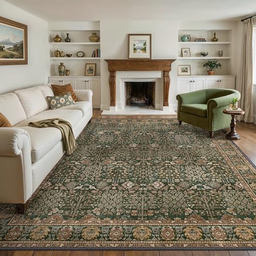 Vintage Floral Washable Rug 8x10 - Dark Green & Brown Area Carpet