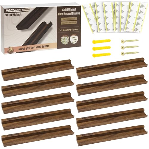 Walnut Wall Mount Vinyl Record Display Shelf Set - No Drill 10 Pack