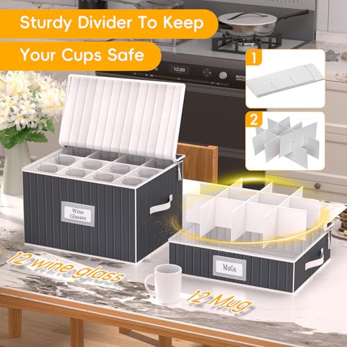 Gray 2-Pack Wine Glass Storage Box with Padded Dividers & Hard Shell for 24 Glasses