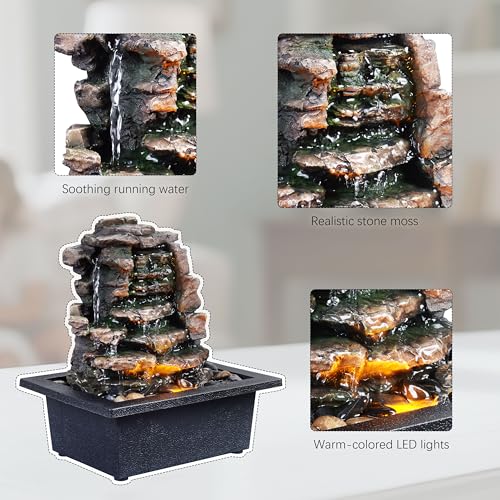 GOSSI Meditation Waterfall Fountain with LED Lights - Black Indoor Tabletop Relaxation Decor