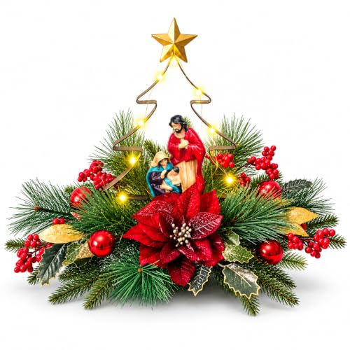 Eksen Nativity LED Christmas Tree Tabletop Centerpiece, Holy Family