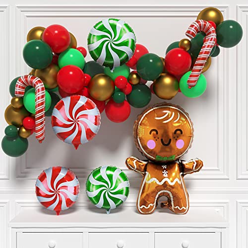 HOUSE OF PARTY Gingerbread Balloon Arch - 80 Pcs | Red, Green & Gold Candy Cane, Mylar Balloons for Christmas Decorations