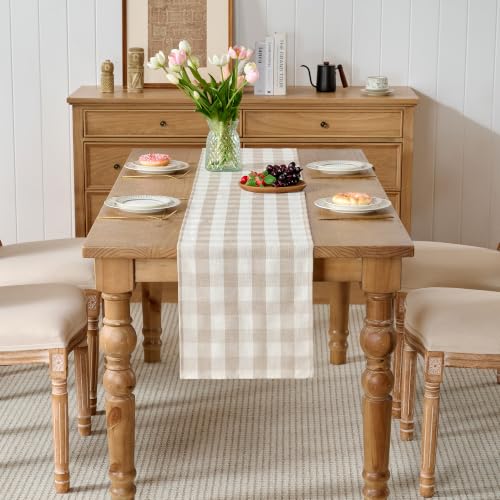 POSEAT Beige Gingham Table Runner 72 x 13 Inches | Cotton Linen Blend