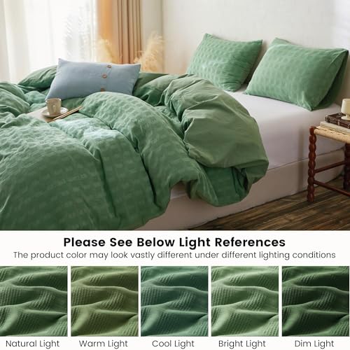 BISELINA Oversized King Cotton Duvet Cover Set Forest Green Waffle Weave Reversible Bedding