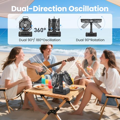 Black Dual Head Portable Rechargeable Fan 20000mAh Battery Powered Outdoor Fan