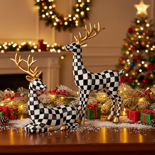 Yookeer 2 Pcs Black and White Grid Reindeer Figurines Xmas Decor Home & Garden