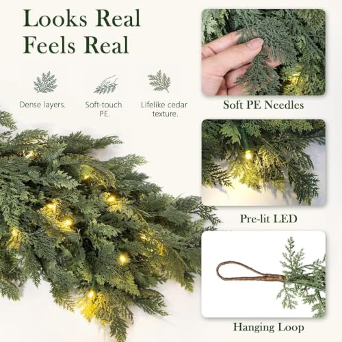 Green 9FT Pre-Lit Christmas Garland with Lights Indoor Outdoor Decor - Real Touch Cedar