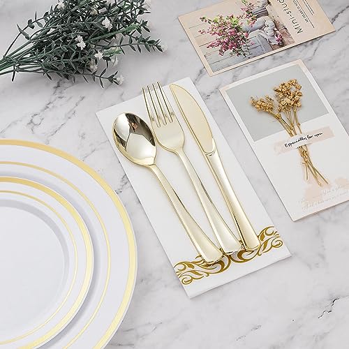 BESTVIP 175 PCS Gold Rim Disposable Plates Dinnerware Set for 25 Guests (Gold / 25 Guests)