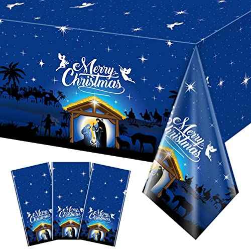 3 Pcs Holy Nativity Christmas Tablecloth, Blue Merry Christmas Religious Plastic Table Cover Holy Night Nativity Tablecloth for Merry Christmas Jesus Nativity Religious Party Decorations, 54x108 Inch