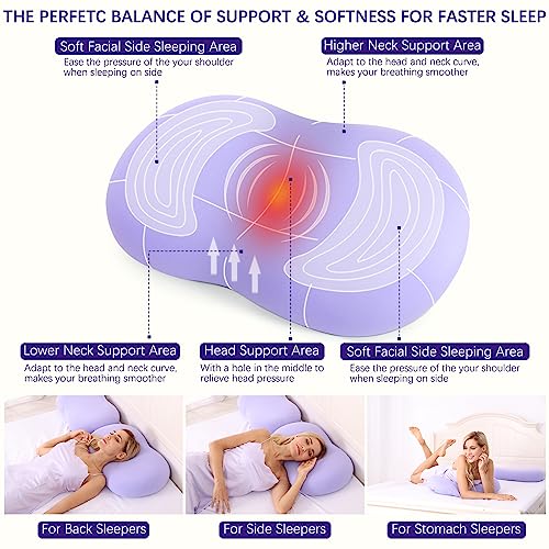 Purple Memory Foam Cervical Neck Pillow - Ergonomic Contour for Pain Relief, Side Back Stomach Sleepers