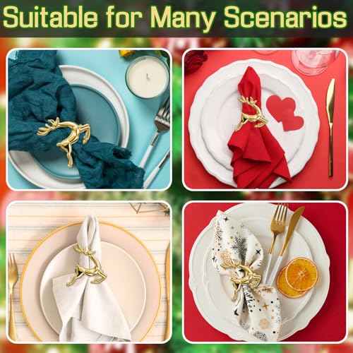 ZeeDix Gold Reindeer Christmas Napkin Rings Set of 6, Napkin Holder Ring for Christmas Dinner Table Decor Cloth Napkins, Wedding Receptions, Holiday Party, Banquet and Home Kitchen