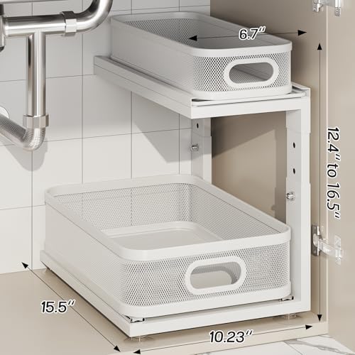 Corbyles White 2-Pack Under Sink Organizer with Adjustable Height, Mesh Drawers & Ball-Bearing Slides - 15.5"D x 12.4"-16.5"H