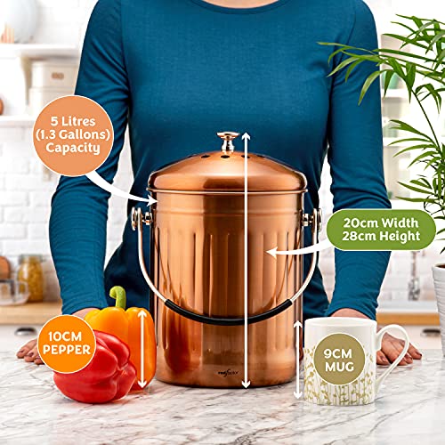 Stainless Steel Compost Bin for Kitchen Countertop - Premium 1.3 Gallon with Dual Filter - Matt Copper