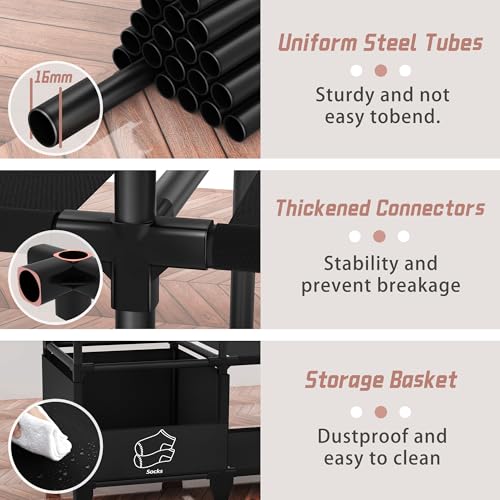 Jofuler Black 50 Inch Portable Closet Wardrobe with 4 Baskets & 2 Hanging Rods