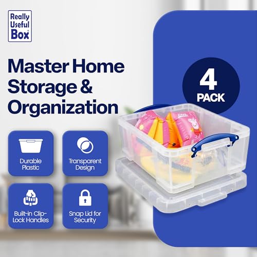 Really Useful Box 17L Plastic Storage Bins - 4 Pack, Clear, Lids & Handles