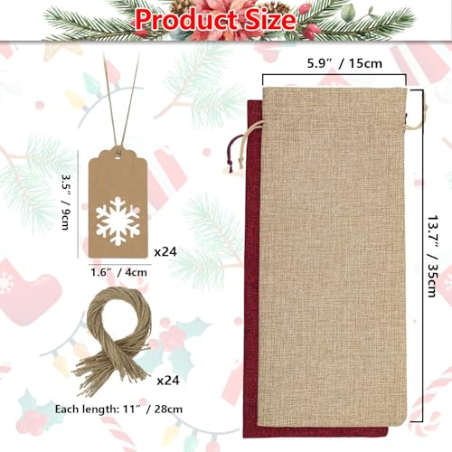 Jute Wine Gift Bags Set — 24 Pcs Burlap Bottle Covers with Drawstring, Ropes & Tags