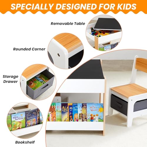 Asweets Kids 4-in-1 White Kids Table & Chair Set with Storage Drawer, 24.49 x 24.49 inches