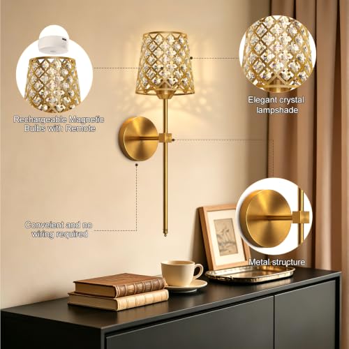 Gold Rechargeable Crystal Wall Sconces Set of 2 - Dimmable RGB & CCT Wall Lamps with Remote - New