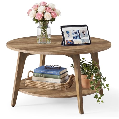 Round Coffee Table 2-Tier Living Room Center Table Brown 31.7"Dia