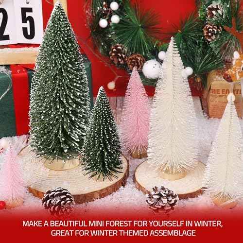 6pcs Mini Christmas Trees Christmas Decor, Artificial Christmas Mini Bottle Brush Trees Tabletop, Christmas Decoration Trees with 4 Size Xmas Holiday Decor (6pcs Green+Pink+Beige)