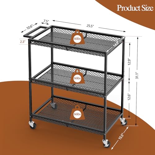 ThreeHio Black 3-Tier Heavy Duty Rolling Kitchen Cart with Locking Wheels