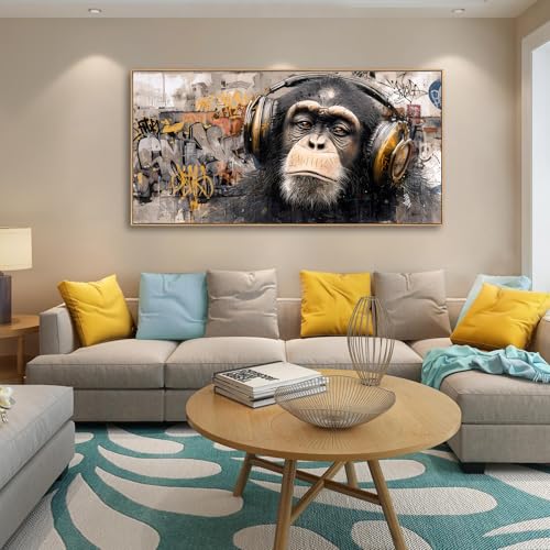 Sorbrozo 24x48in Gorilla Wall Art with Orange Headphones – Street Graffiti Canvas, Modern Animal Decor for Bedroom & Man Cave (Grey-4)