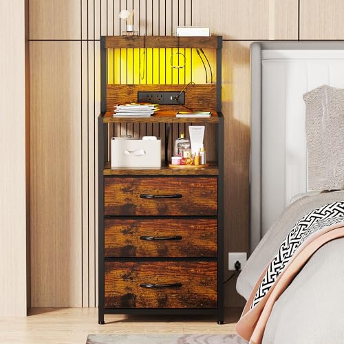 Rustic Brown Nightstand with Charging Station & 3 Fabric Drawers - 15.7"W x 38.6"H