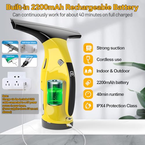Rechargeable Window Vacuum Cleaner with 11in & 6.7in Squeegee Blades – Cordless Glass & Shower Cleaning