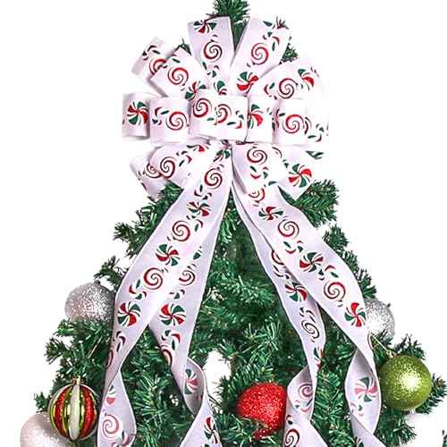 Christmas Tree Topper Christmas Wreath Bow 48x13 Inches Large White Christmas Toppers Bow with Candy Patterned Ribbon Glitter Satin Streamers for Xmas Tree Home Indoor Outdoor Decoration